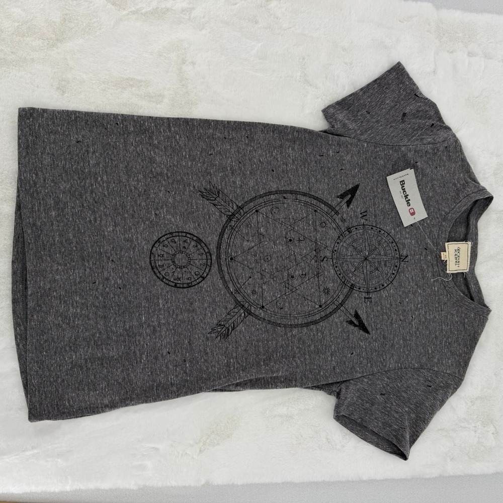 Modish Rebel Graphic Tee Womens XS Gray Distressed‎ Celestial Compass Buckle NWT